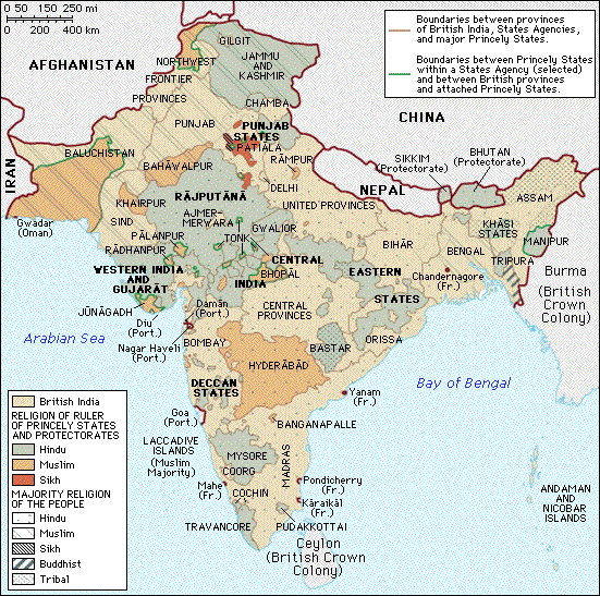British India in 1935, 12 years before independence.  Note the different religions and princely states.