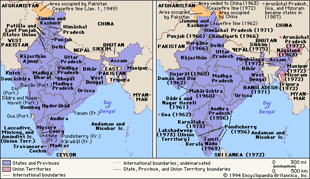 The reorganization of Indian states after independence.