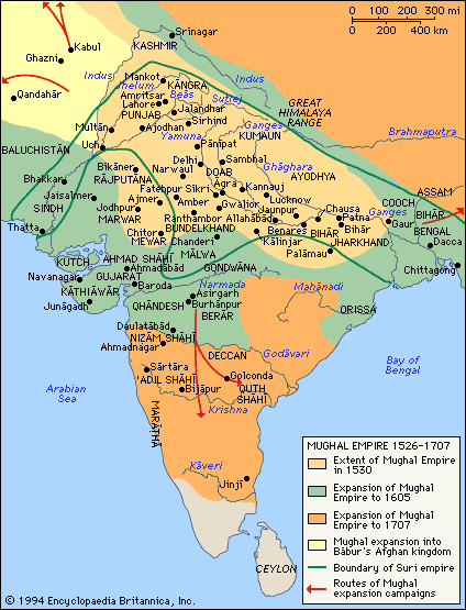 The Mughal empire from 1526 until its height in 1707.  After 1707, it began to decay until its end in 1858.